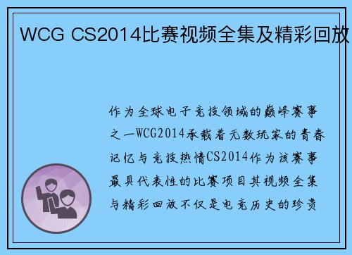 WCG CS2014比赛视频全集及精彩回放