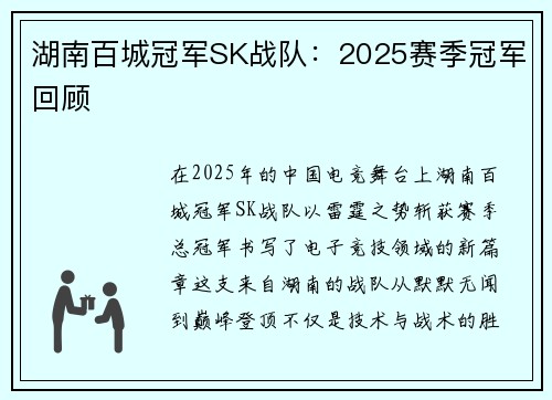湖南百城冠军SK战队：2025赛季冠军回顾